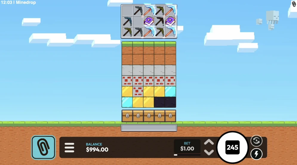 Minecraft casino: пиксельные блоки и шахта (визуал под Mine Drop)